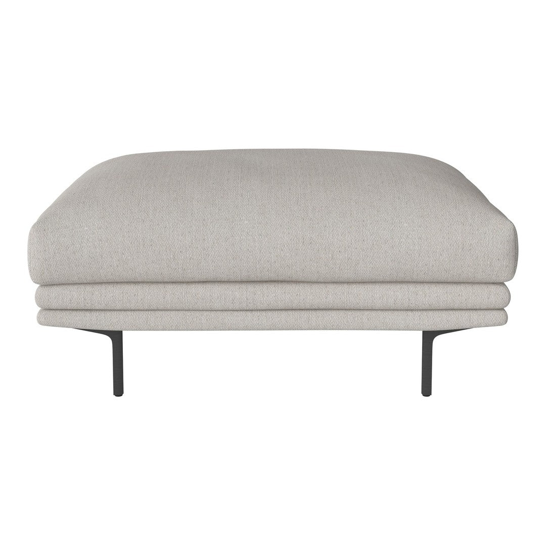 Light gray upholstered ottoman with a smooth, textured pattern and sleek black metal legs. Perfect for modern decor.