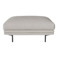 Light gray upholstered ottoman with a smooth, textured pattern and sleek black metal legs. Perfect for modern decor.