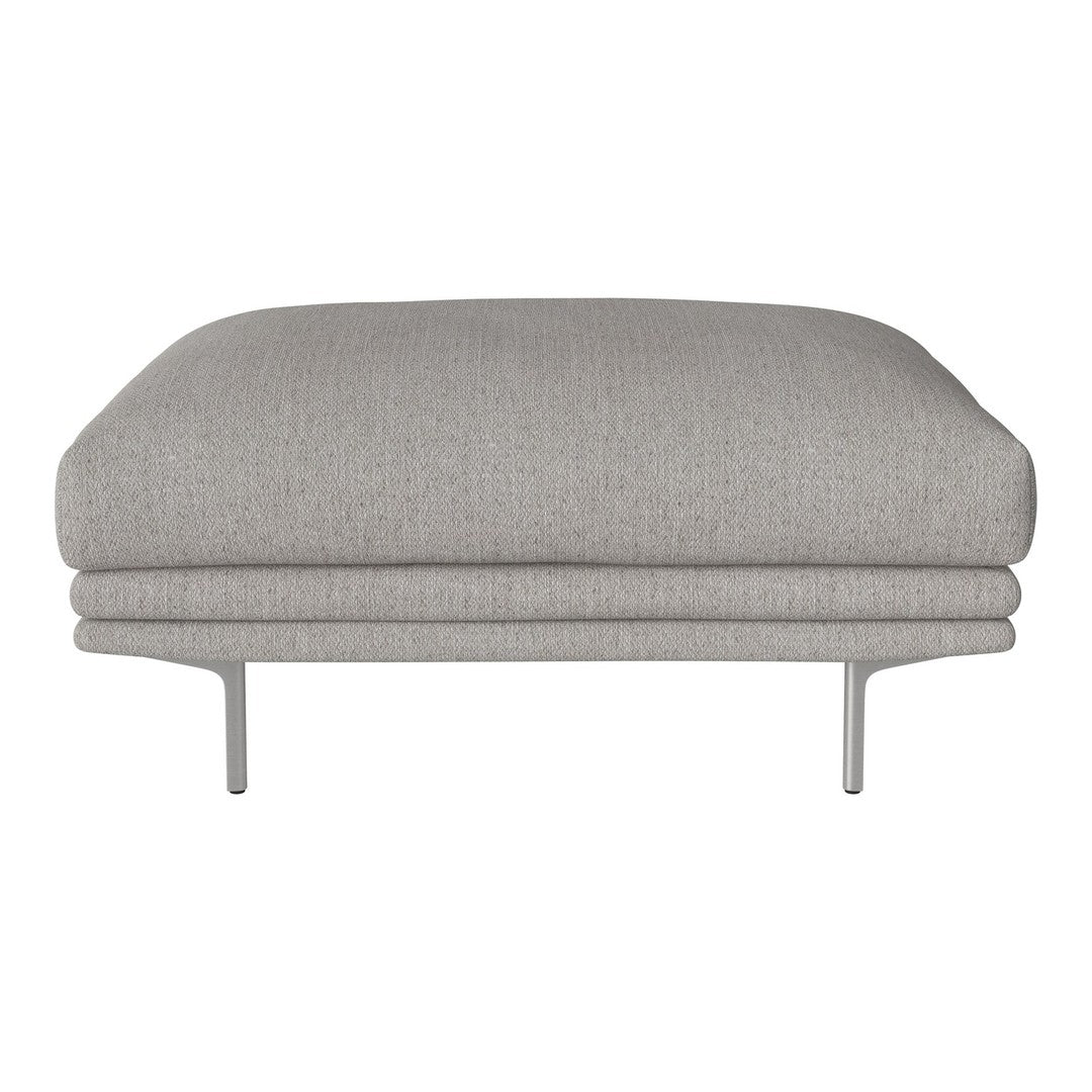 Light gray upholstered ottoman with a smooth texture and minimalist design, featuring sleek metal legs.