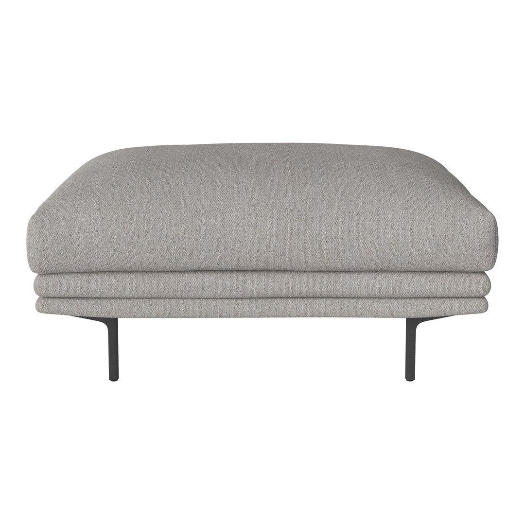Gray upholstered ottoman with a smooth texture and minimalist design, featuring sturdy black metal legs.