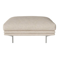 Beige upholstered ottoman with a smooth texture and sleek metal legs. Ideal for modern or minimalist decor.