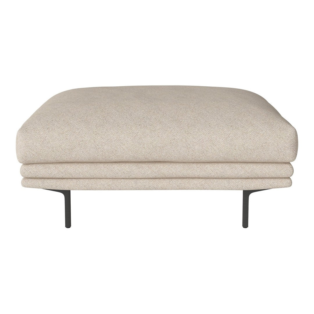 Beige ottoman with a smooth texture and minimalist design, featuring a sleek black metal base. Perfect for modern decor.