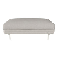 Light gray upholstered ottoman with smooth fabric and minimalist design, featuring sleek metal legs.