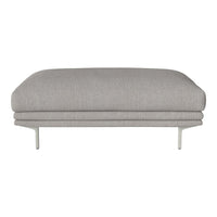 Gray upholstered sofa with a smooth, minimalist design and subtle texture, complemented by sleek metal legs.
