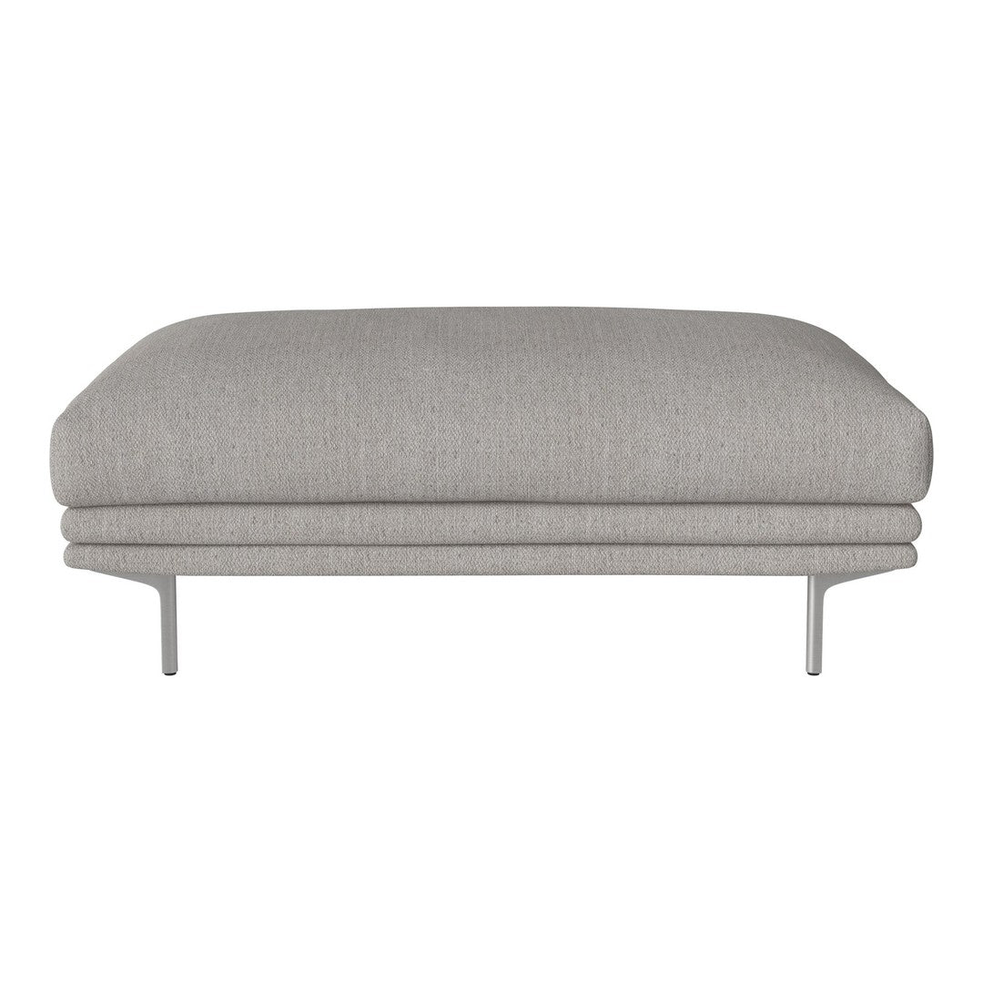 Light grey upholstered ottoman with a smooth texture and minimalist design, featuring sleek metal legs.