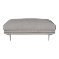 Light grey upholstered ottoman with a smooth texture and minimalist design, featuring sleek metal legs.