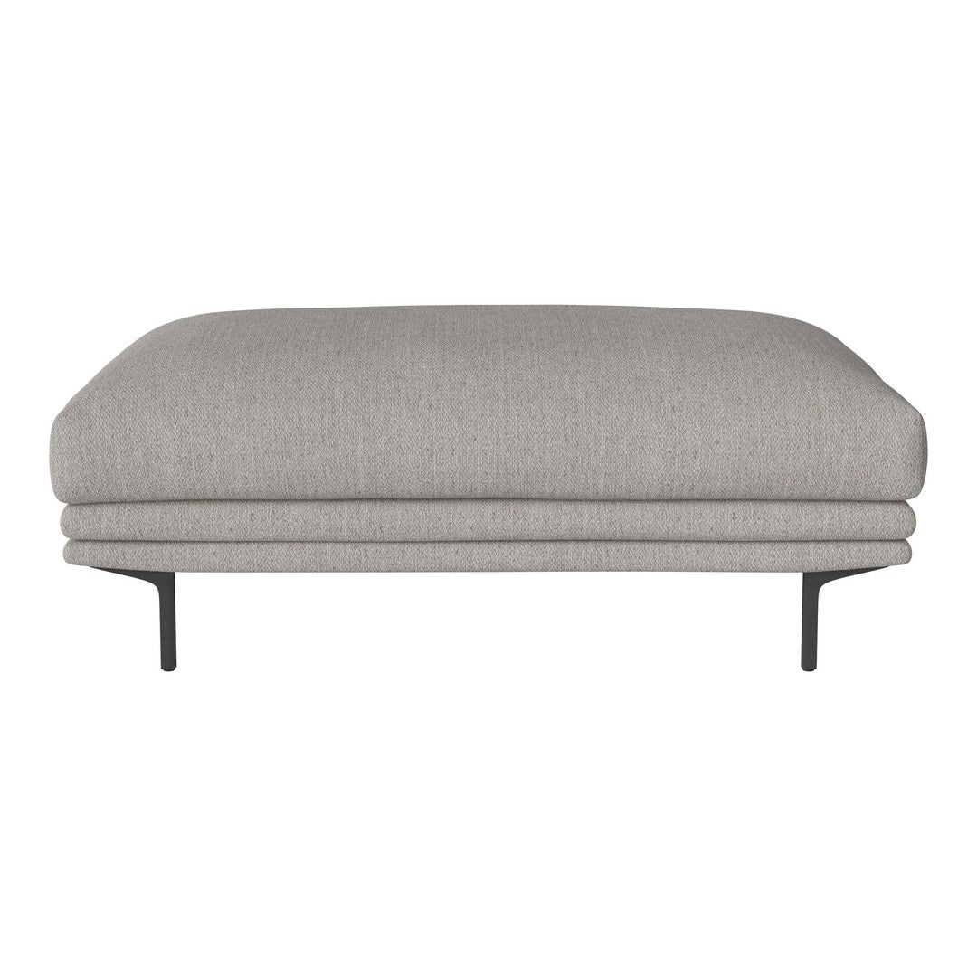 Gray upholstered ottoman with smooth surface and sleek black metal legs. Minimalist design with a contemporary vibe.