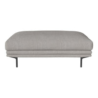 Gray upholstered ottoman with smooth surface and sleek black metal legs. Minimalist design with a contemporary vibe.