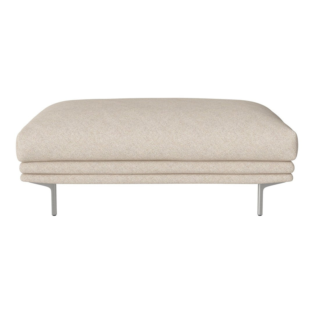 Light beige upholstered ottoman with a smooth texture and minimalist design, featuring sleek silver legs.