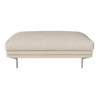 Light beige upholstered ottoman with a smooth texture and minimalist design, featuring sleek silver legs.