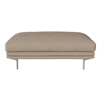 Beige upholstered ottoman with a smooth, neutral texture and minimalist metal legs for a modern look.