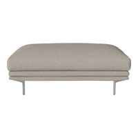 Beige upholstered ottoman with a smooth, minimalist design and sleek metallic legs. Perfect for modern interiors.