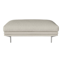 Light beige upholstered ottoman with smooth texture and minimalist design on metallic legs. Perfect for modern decor.