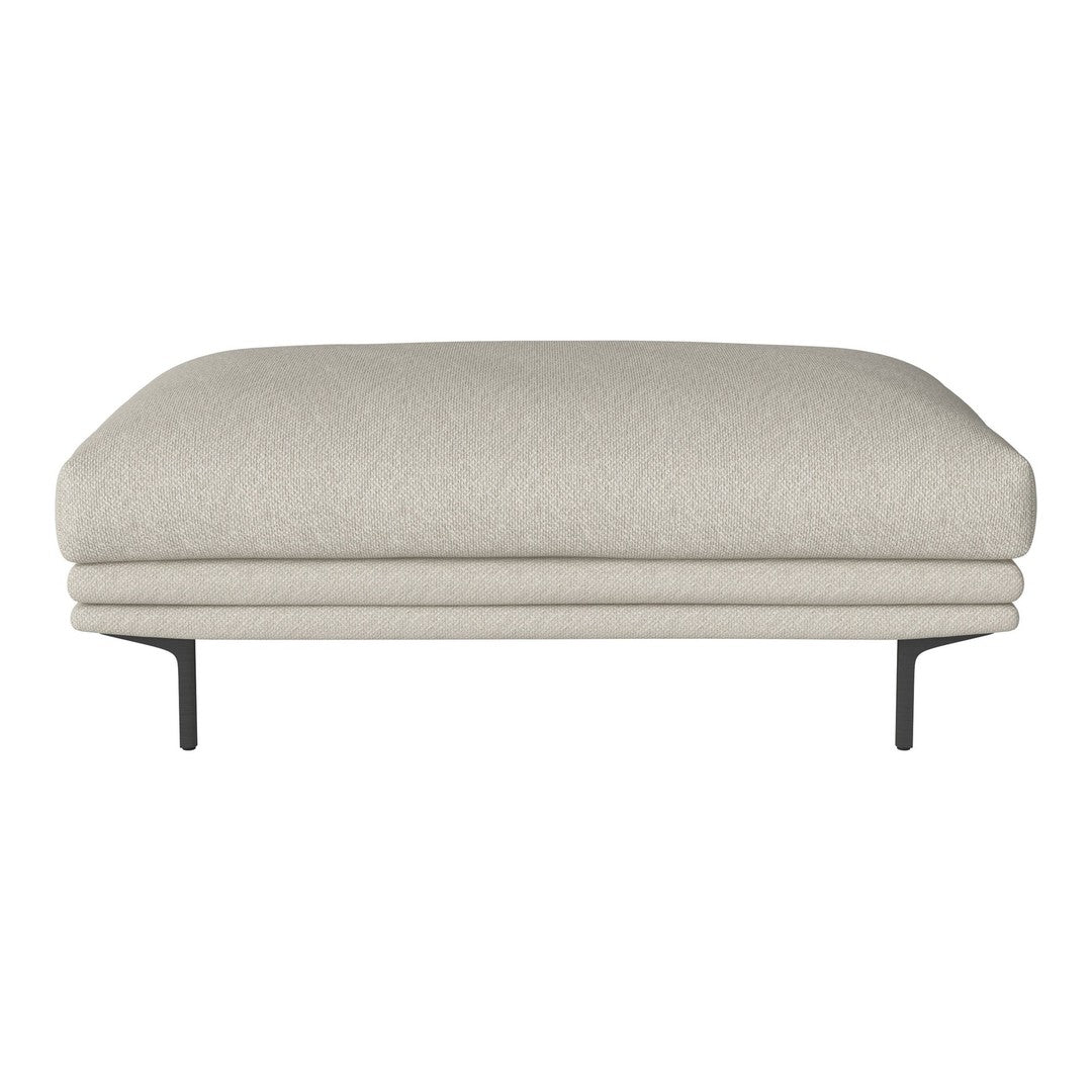 Light gray tufted ottoman with a soft, textured fabric and sleek black metal legs, perfect for modern decor.