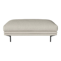 Light gray tufted ottoman with a soft, textured fabric and sleek black metal legs, perfect for modern decor.