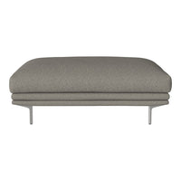 Gray upholstered ottoman with a smooth, minimalist design and slender metal legs. Perfect for modern interiors.