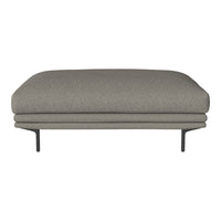 Gray upholstered ottoman with a smooth texture and minimalist black metal legs. Perfect for modern decor.