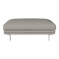 Light gray upholstered ottoman with a smooth texture and sleek, minimalist metal legs. Ideal for modern decor.
