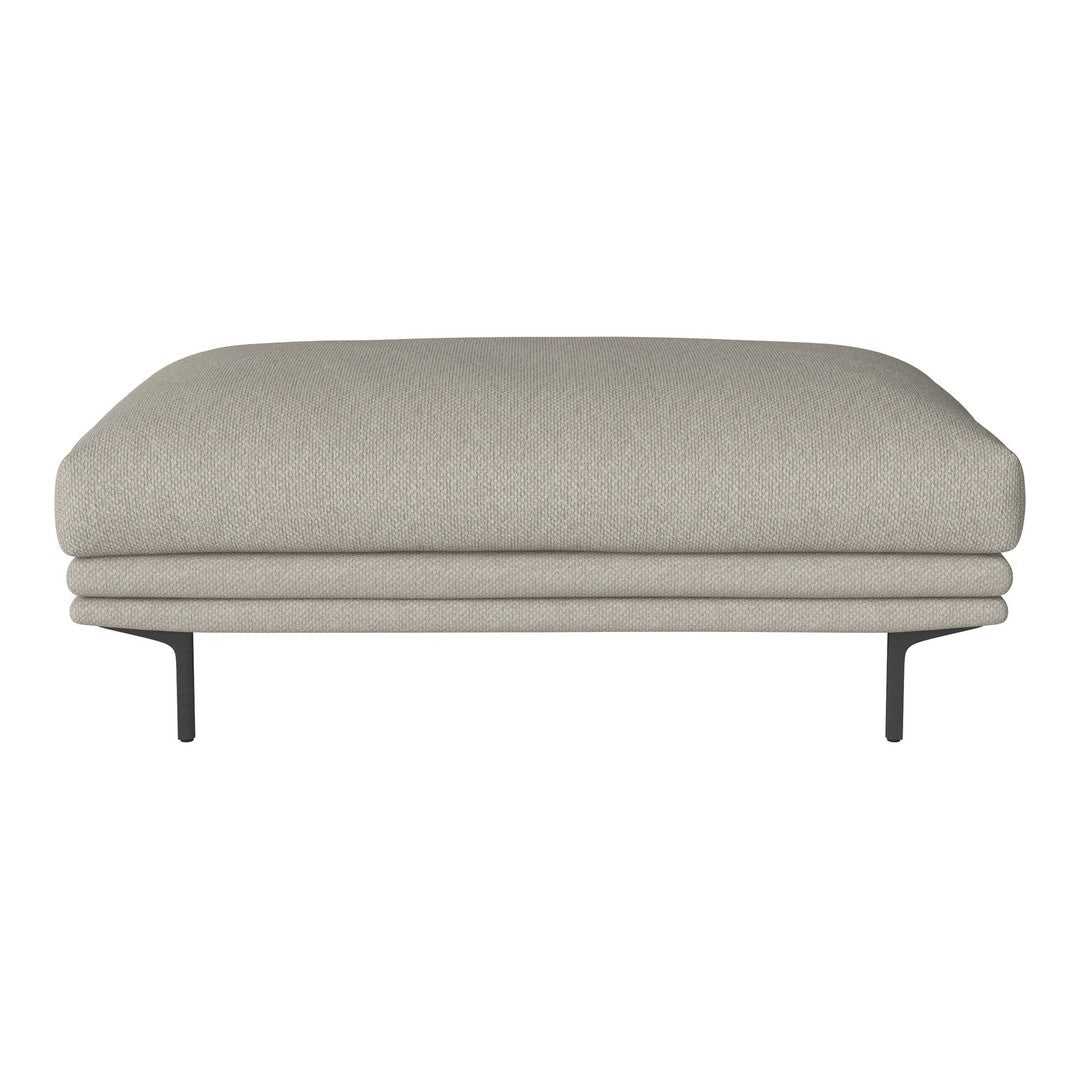 Light beige upholstered ottoman with smooth texture and minimalist black metal legs. Perfect for modern decor.