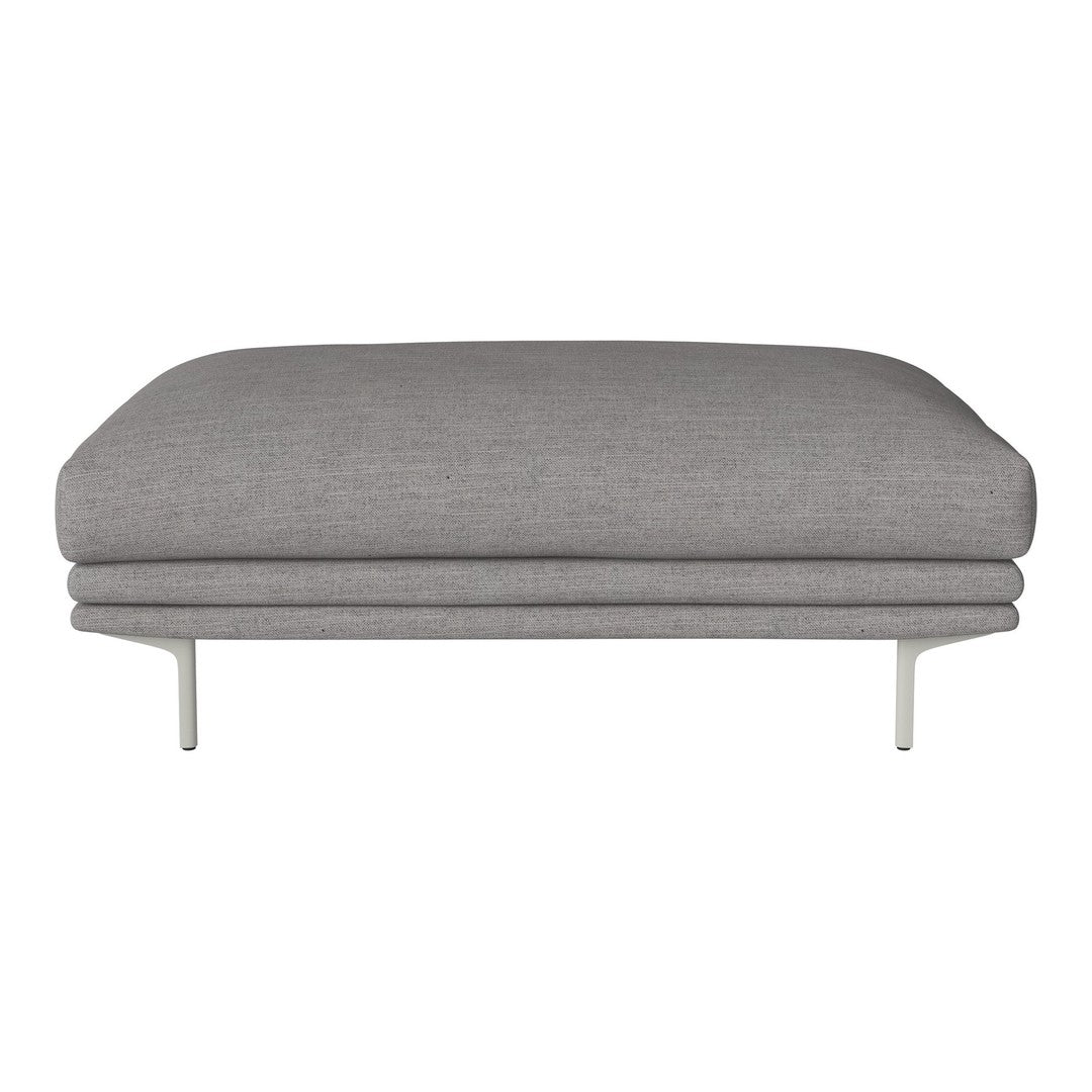 Gray upholstered ottoman with a smooth texture, featuring a minimalist design and sleek metal legs.