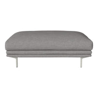 Gray upholstered ottoman with a smooth texture, featuring a minimalist design and sleek metal legs.