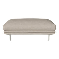 Neutral beige ottoman with a smooth texture and minimalist design, featuring sleek metallic legs.