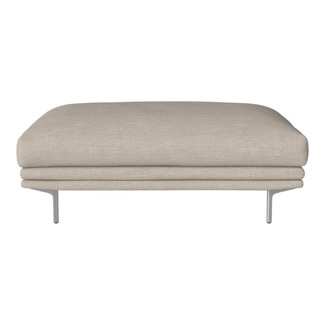 Beige upholstered ottoman with a smooth texture and sleek metal legs, featuring a minimalist design.