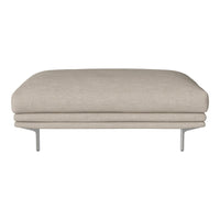Beige upholstered ottoman with a smooth texture and sleek metal legs, featuring a minimalist design.