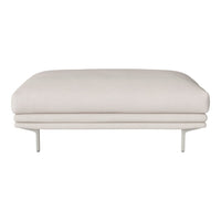 Light beige upholstered ottoman with a smooth surface and minimalist design, featuring sleek metal legs.