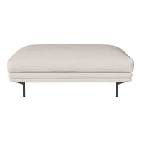 Beige upholstered ottoman with a smooth texture and sleek black metal legs. Ideal for modern decor.