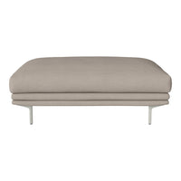 Sleek beige upholstered sofa with a smooth, minimalist design, featuring elegant metal legs.