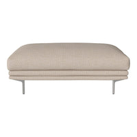 Beige upholstered ottoman with subtle textured pattern and sleek silver legs, perfect for modern living spaces.