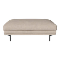Beige upholstered ottoman with subtle textured pattern and sleek black metal legs. Perfect for modern interiors.