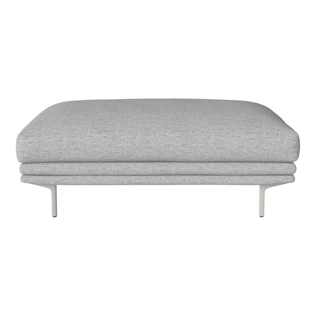 Light gray upholstered ottoman with subtle textured pattern and sleek metal legs. Perfect for modern living spaces.