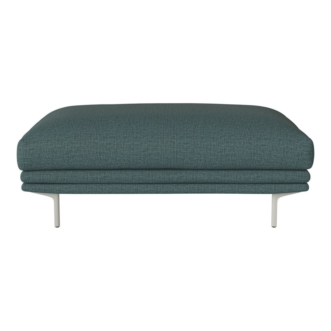 Teal upholstered ottoman with subtle textured pattern, featuring sleek metal legs. Perfect for modern decor.