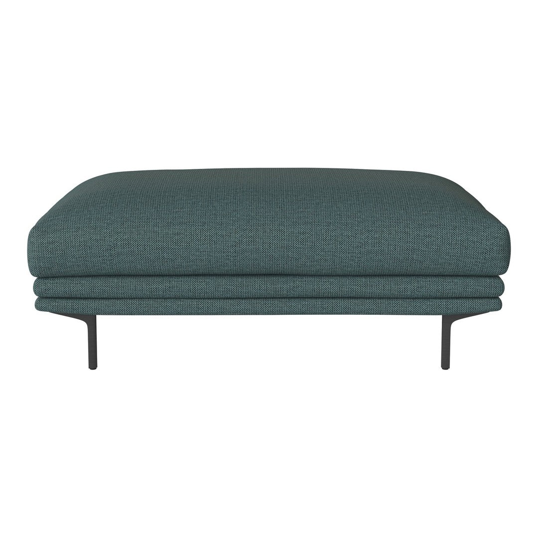 Teal upholstered ottoman with a textured pattern and sleek black metal legs, perfect for modern decor.