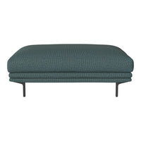 Teal upholstered ottoman with a textured pattern and sleek black metal legs, perfect for modern decor.