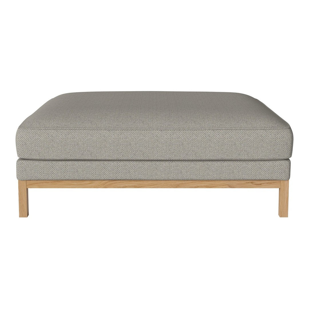 Light gray upholstered ottoman with a wooden base, featuring a solid color design for a modern look.
