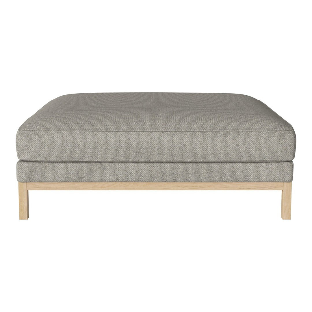 Grey upholstered ottoman with a minimalist wooden base, featuring a smooth, solid color design.