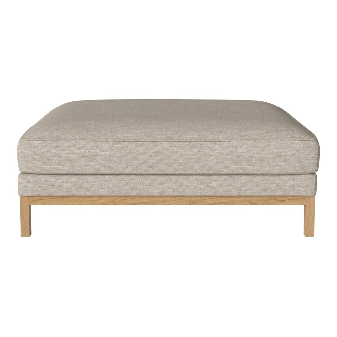 Beige upholstered ottoman with a minimalist wooden base, featuring a sleek, solid pattern. Ideal for modern decor.