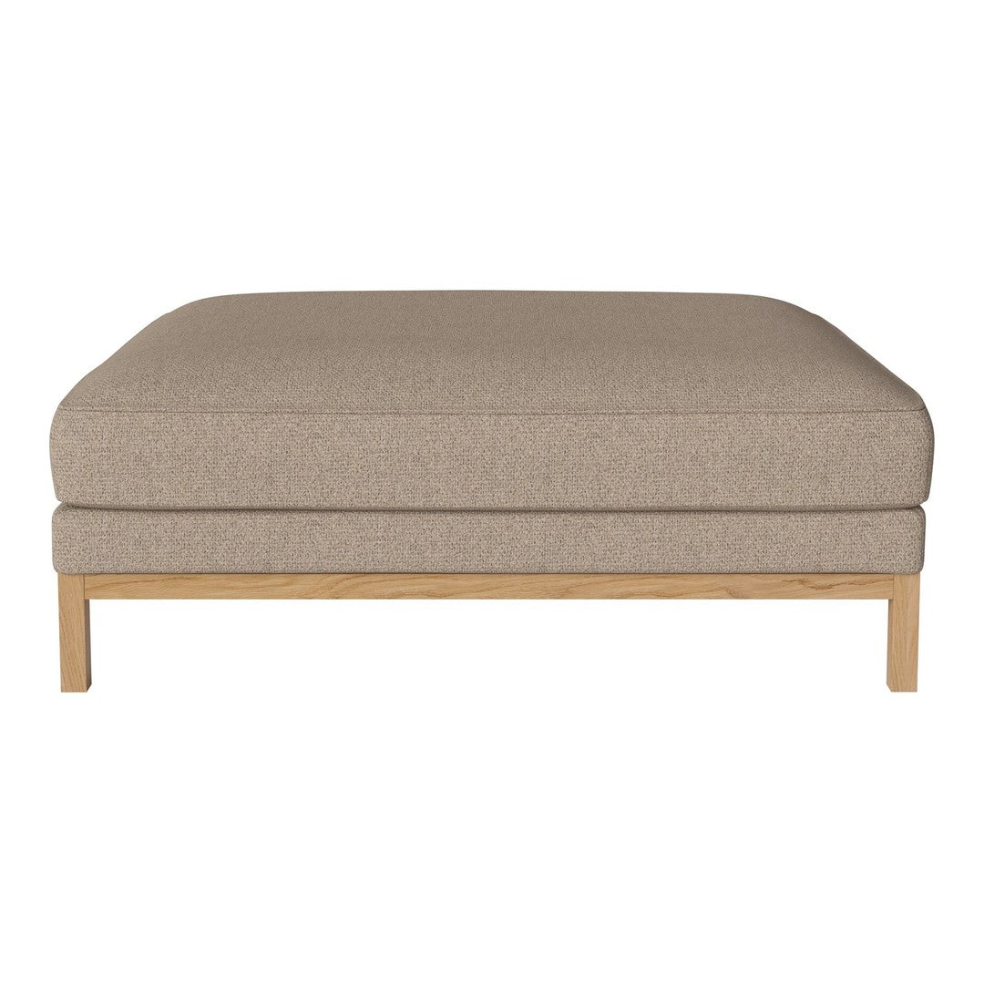Beige upholstered ottoman with a smooth texture and light wood frame, perfect for modern decor.