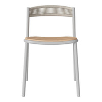 Modern gray chair with a natural wood seat and a textured backrest pattern. Ideal for stylish and minimalistic decor.