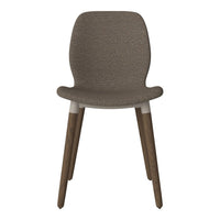 Brown upholstered chair with textured fabric and wooden legs, featuring a simple, modern design.