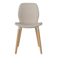 Beige upholstered chair with simple, modern design and light wood legs. Perfect for minimalist decor.