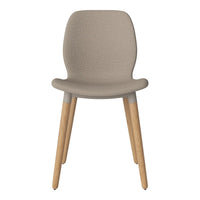 Beige upholstered chair with smooth contours and light wooden legs. Simple, modern design for versatile decor.