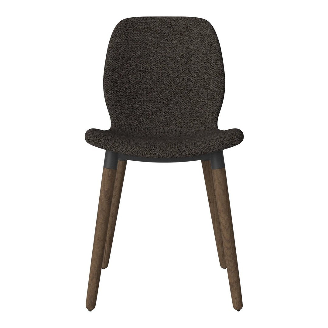 Brown upholstered chair with sleek wooden legs, showcasing a simple and modern design. Perfect for any space.