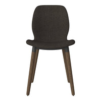 Brown upholstered chair with sleek wooden legs, showcasing a simple and modern design. Perfect for any space.