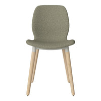 Olive green textured chair with natural wood legs, minimalist design for modern decor.