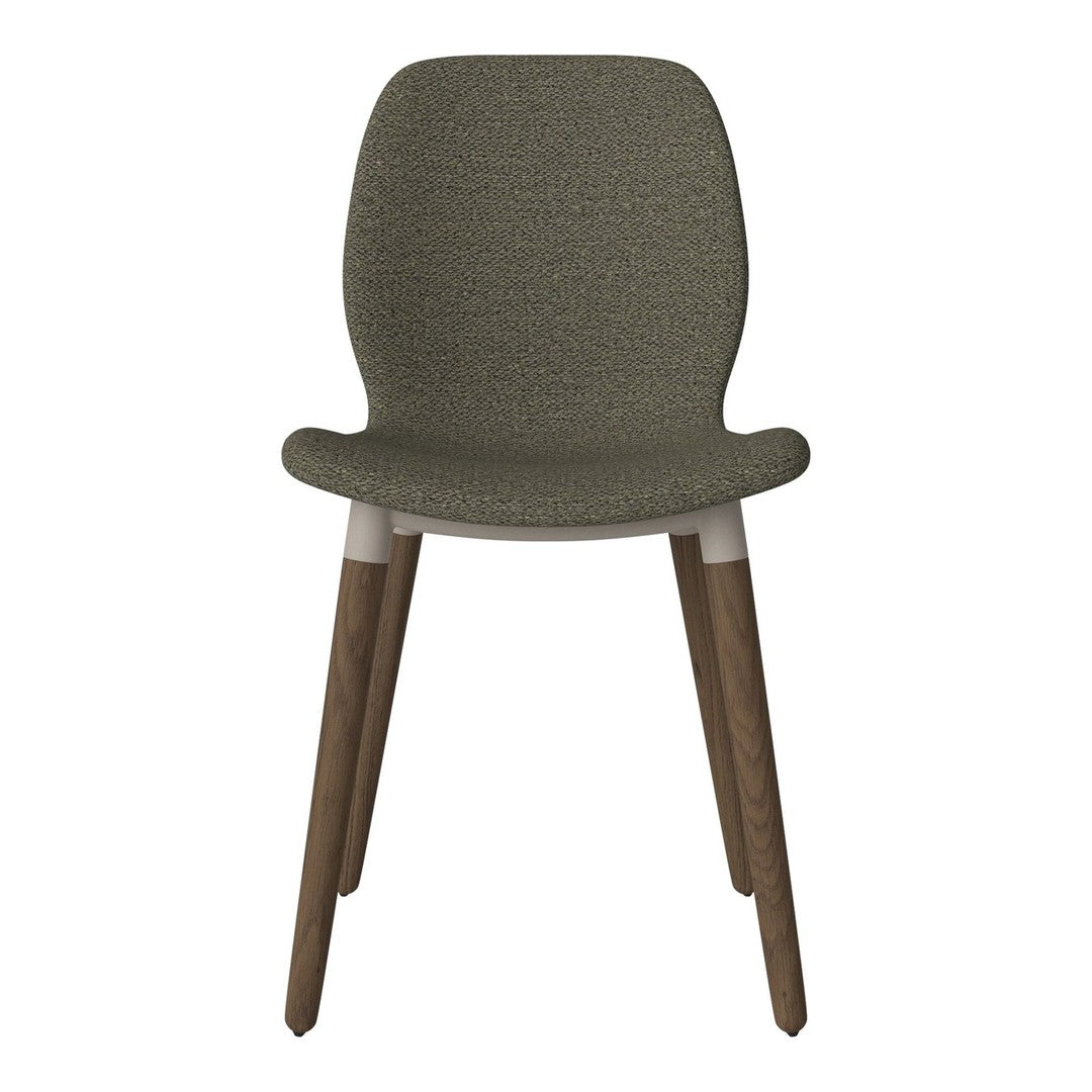 Olive green upholstered chair with textured fabric and wooden legs, featuring a modern minimalist design.