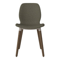 Olive green upholstered chair with textured fabric and wooden legs, featuring a modern minimalist design.